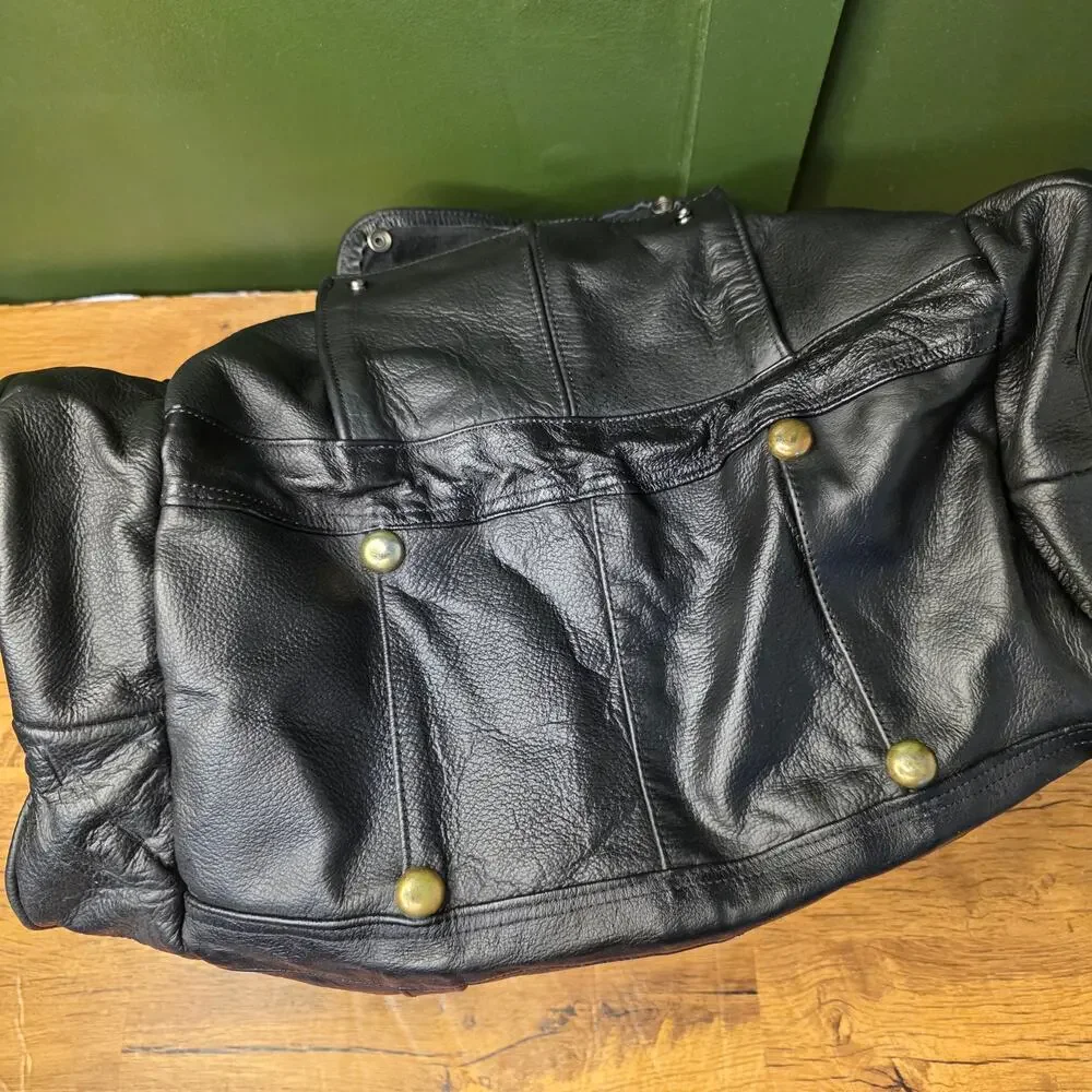 Black leather duffle Travel Weekender bag Gym Shoulder carry-on 20x11x9in